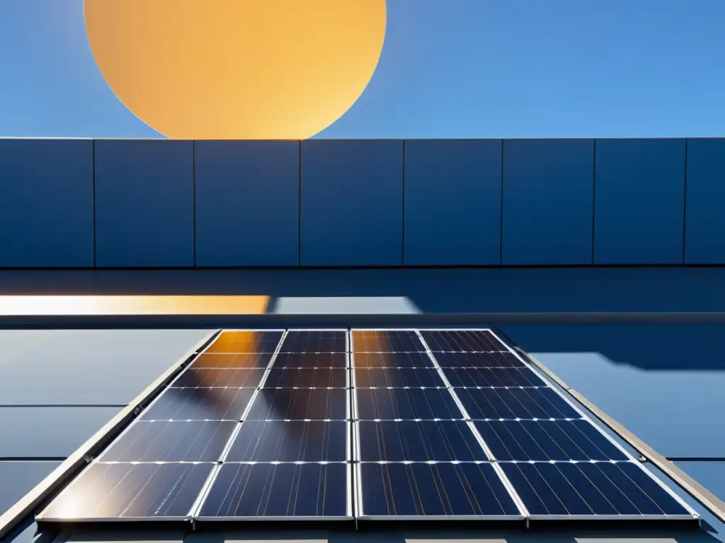 Instalación moderna de paneles solares con luz dorada, simetría y eficiencia