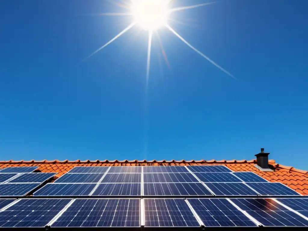 Instalación moderna de paneles solares reflejando la luz del sol en un cielo azul