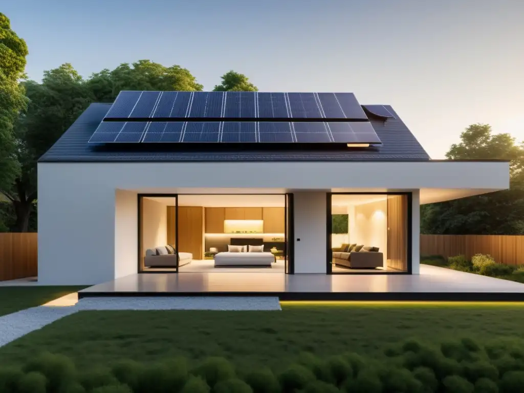 Moderna casa ecológica con paneles solares y sistema de almacenamiento de energía eficiente