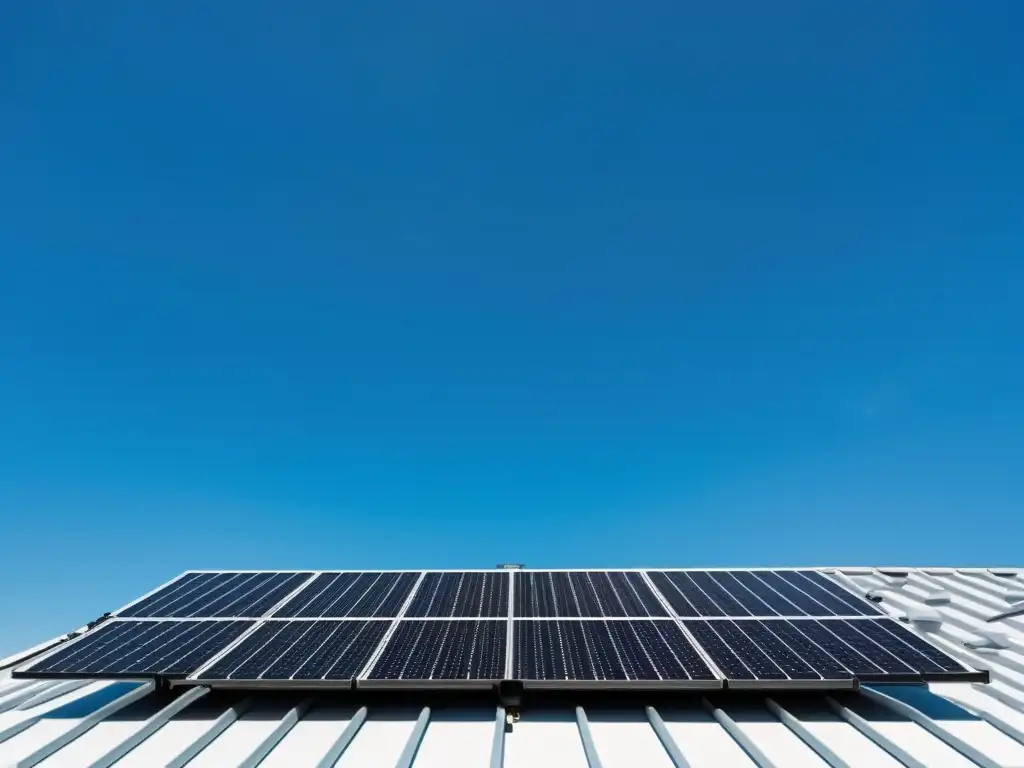 Instalación moderna de paneles solares en un techo, con líneas limpias y ángulos nítidos, creando una estética futurista