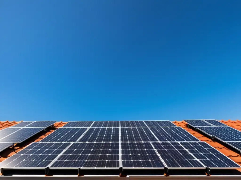 Instalación moderna de paneles solares en un techo, reflejando la luz del sol en un cielo azul claro