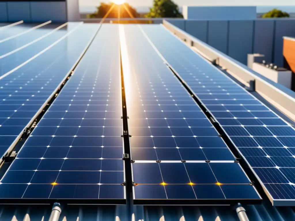 Instalación moderna de paneles solares en un tejado, con detalle 8k y reflejos de luz solar