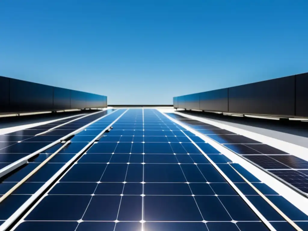 Instalación moderna de paneles solares en un tejado, con paneles negros y cielo azul