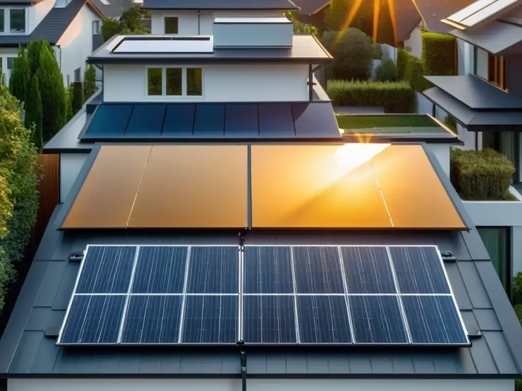 Instalación moderna de paneles solares en un tejado residencial, con un cálido brillo dorado