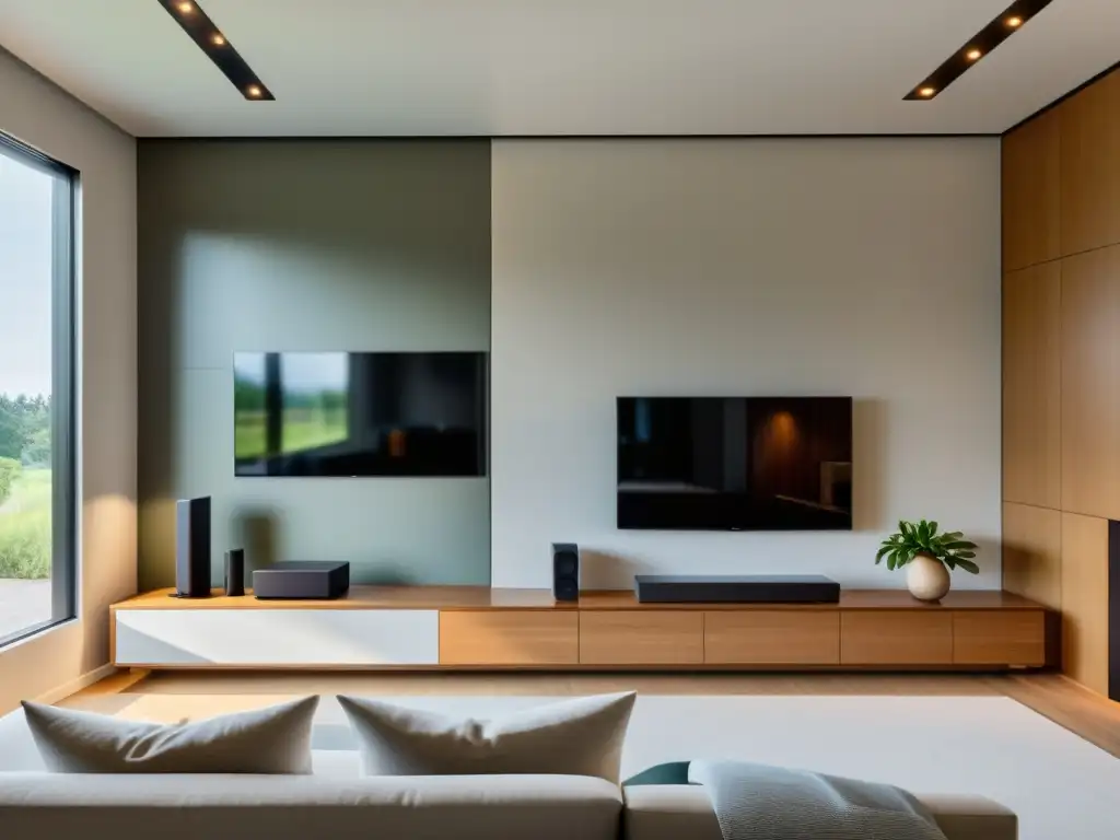 Moderna sala minimalista con dispositivos electrónicos energéticamente eficientes, ambiente cálido y consejos de eficiencia energética