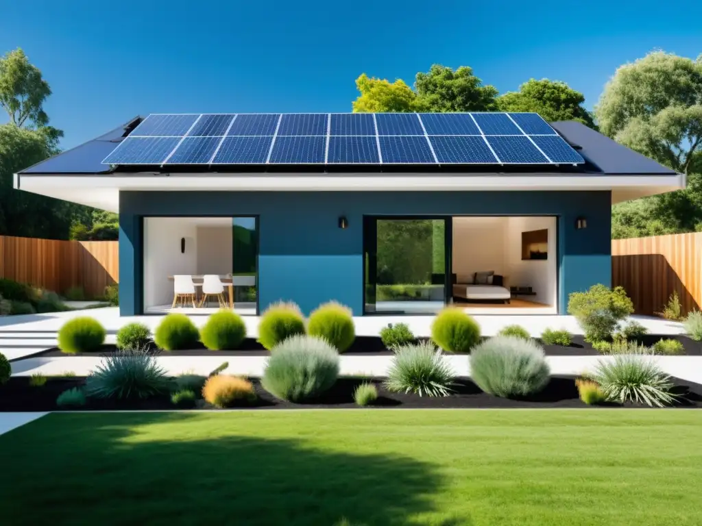 Moderna casa sostenible con innovaciones domésticas para combatir el cambio climático: paneles solares, jardín verde y aire limpio