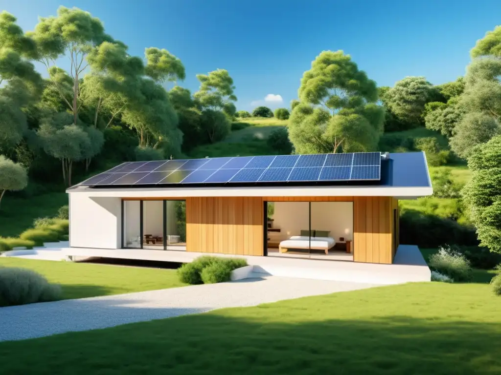 Moderna casa sostenible con paneles solares, rodeada de vegetación y cielo azul, mostrando almacenamiento de energía para hogar sostenible