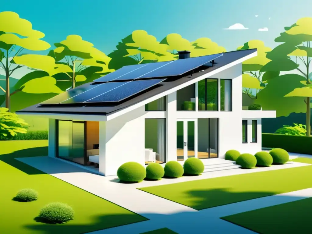 Moderna casa sostenible con paneles solares, eficiencia energética y naturaleza exuberante, transmitiendo rentabilidad inversión eficiencia energética