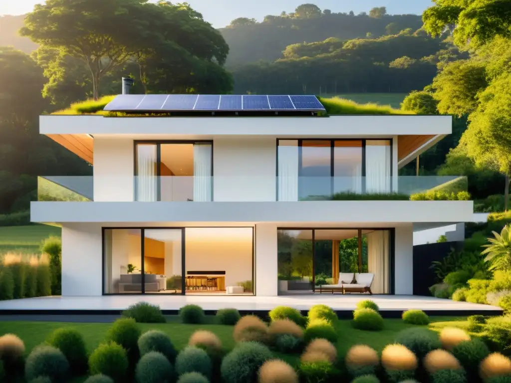 Moderna casa sostenible con paneles solares, rodeada de vegetación, bajo la cálida luz del atardecer