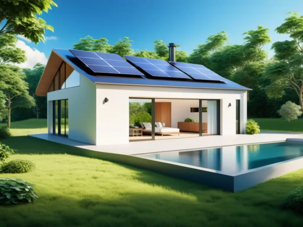 Moderna casa sostenible con paneles solares, integración de sistemas sostenibles y naturaleza exuberante