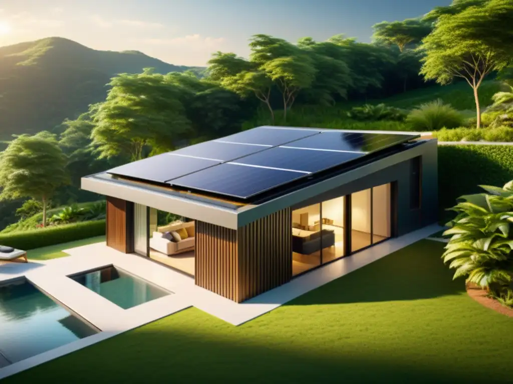 Hogar moderno con paneles solares y jardín exuberante Moderna casa sostenible con paneles solares y almacenamiento de energía para hogar sostenible, rodeada de vegetación exuberante