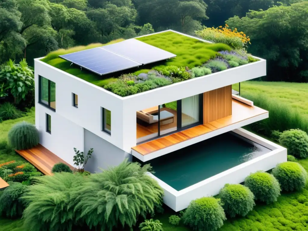 Moderna casa ecológica con techo verde y paneles solares