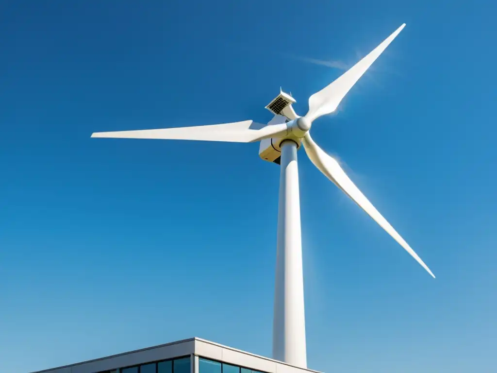 Una moderna turbina eólica blanca gira en un tejado urbano, generando energía eólica en espacios reducidos bajo el cielo azul