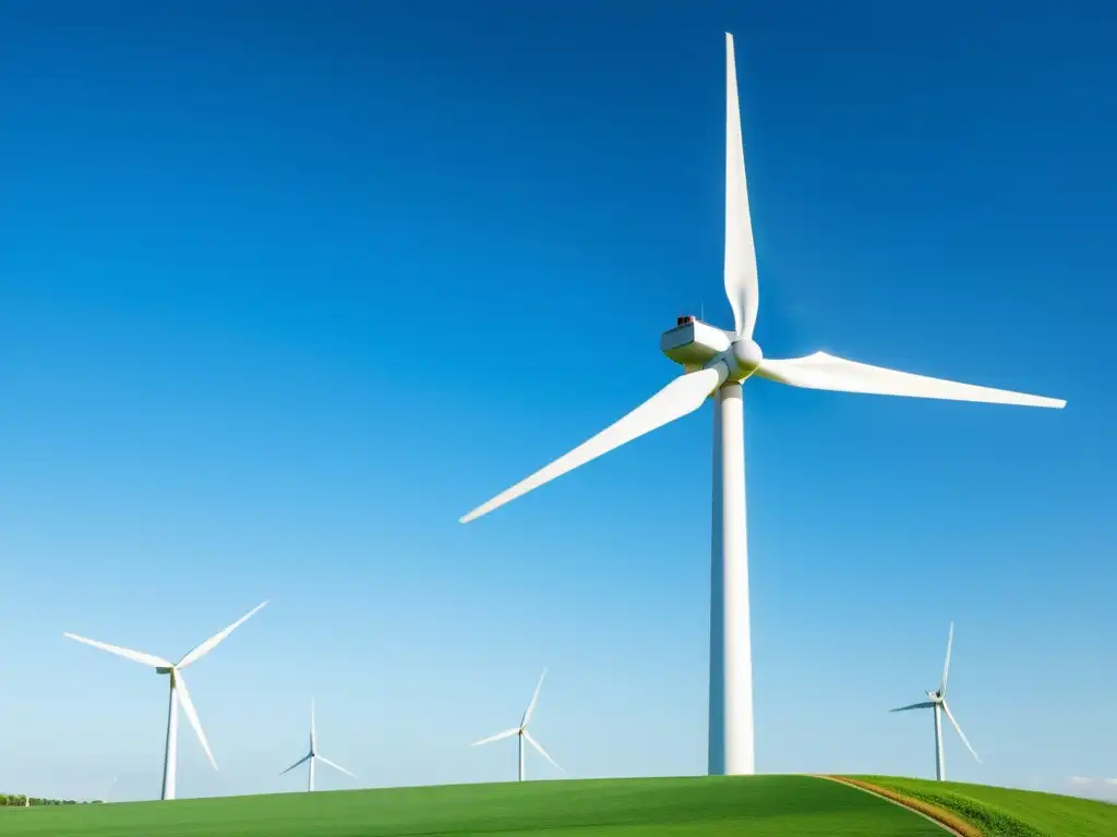 Una moderna turbina eólica blanca destaca contra un cielo azul claro, rodeada de un paisaje armonioso