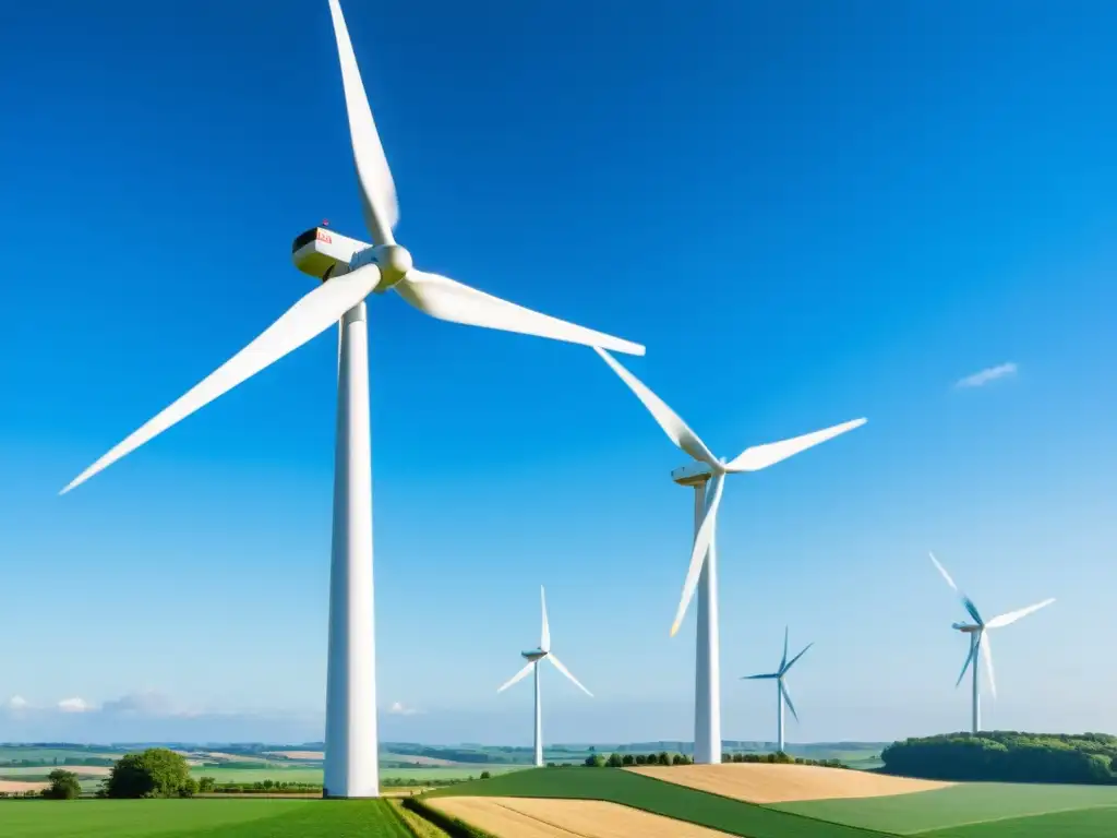 Una moderna turbina eólica destaca entre campos verdes, generando energía limpia y sostenible