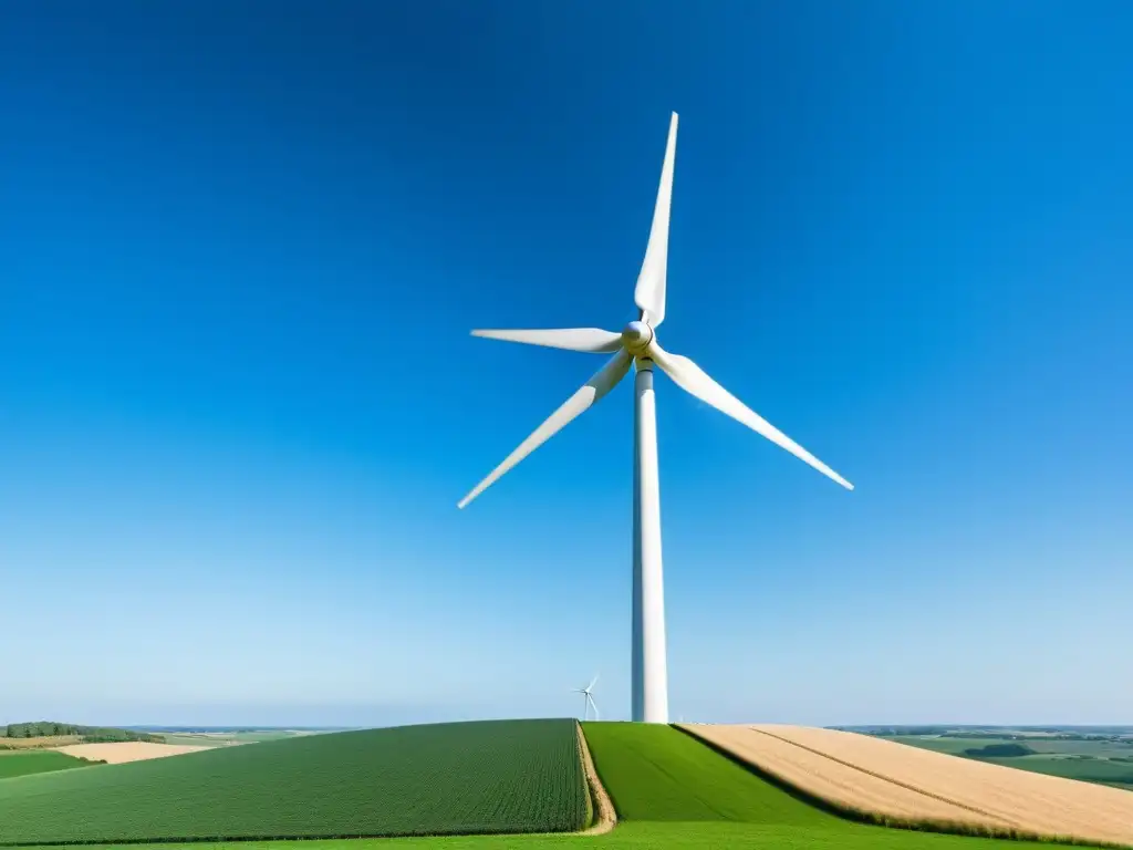 Una moderna turbina eólica se destaca en un cielo azul claro, girando con gracia mientras captura la luz del sol