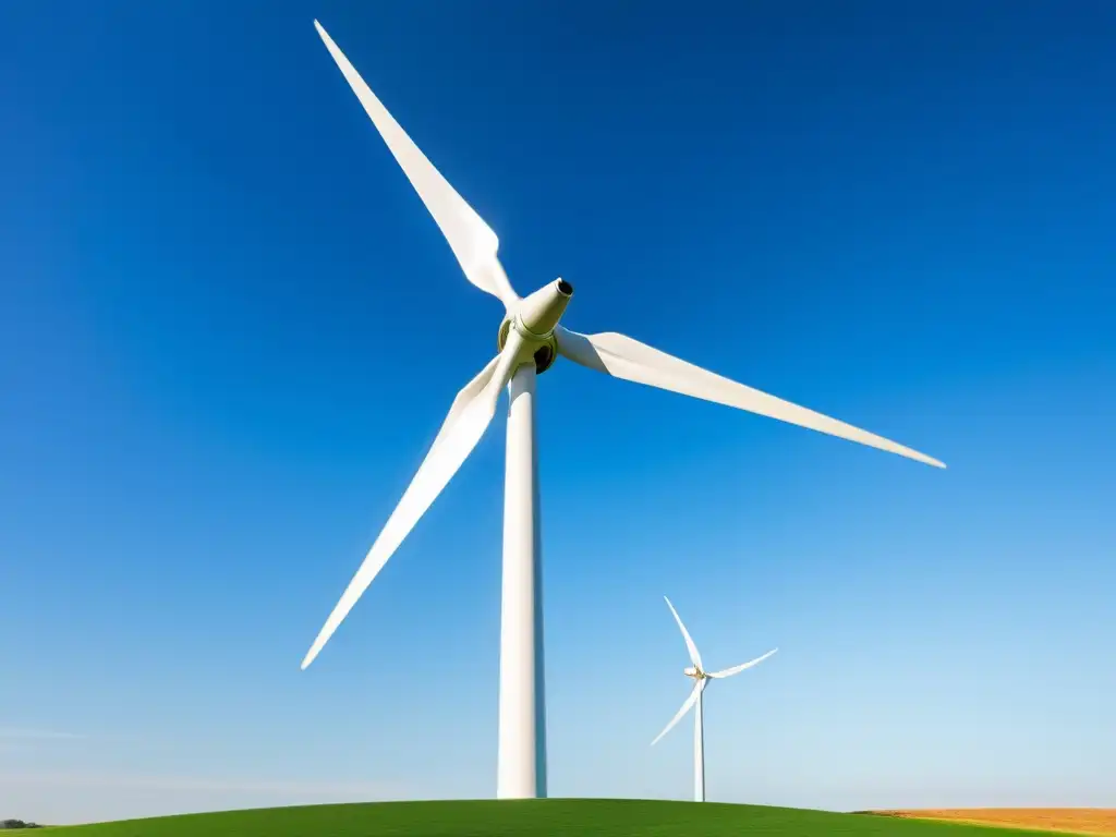 Una moderna turbina eólica vertical se destaca en un campo verde, girando sus blancas aspas bajo un cielo azul