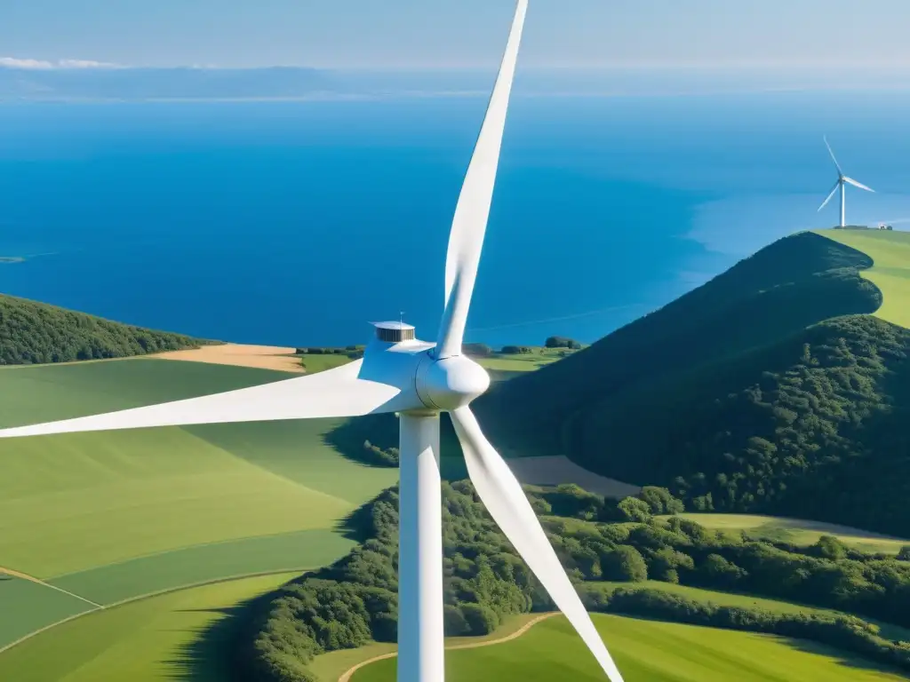 Una moderna turbina eólica vertical con aspas blancas, girando grácilmente bajo el cielo azul