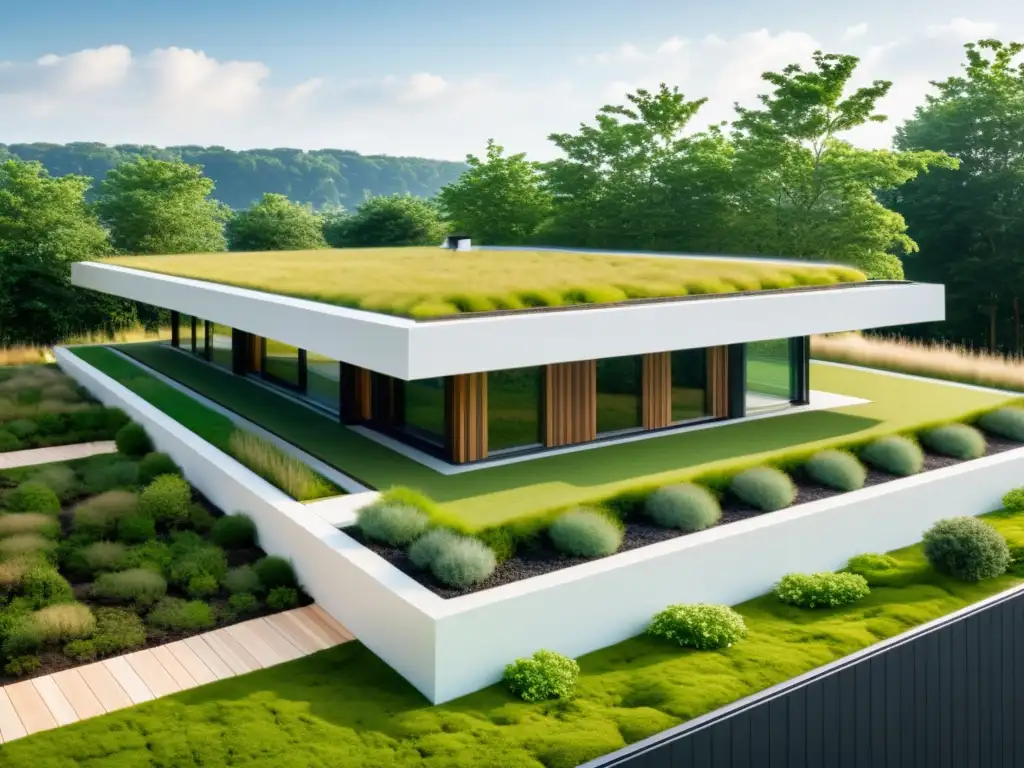 Moderna vivienda con techo verde vibrante, integrando naturaleza y arquitectura para eficiencia energética