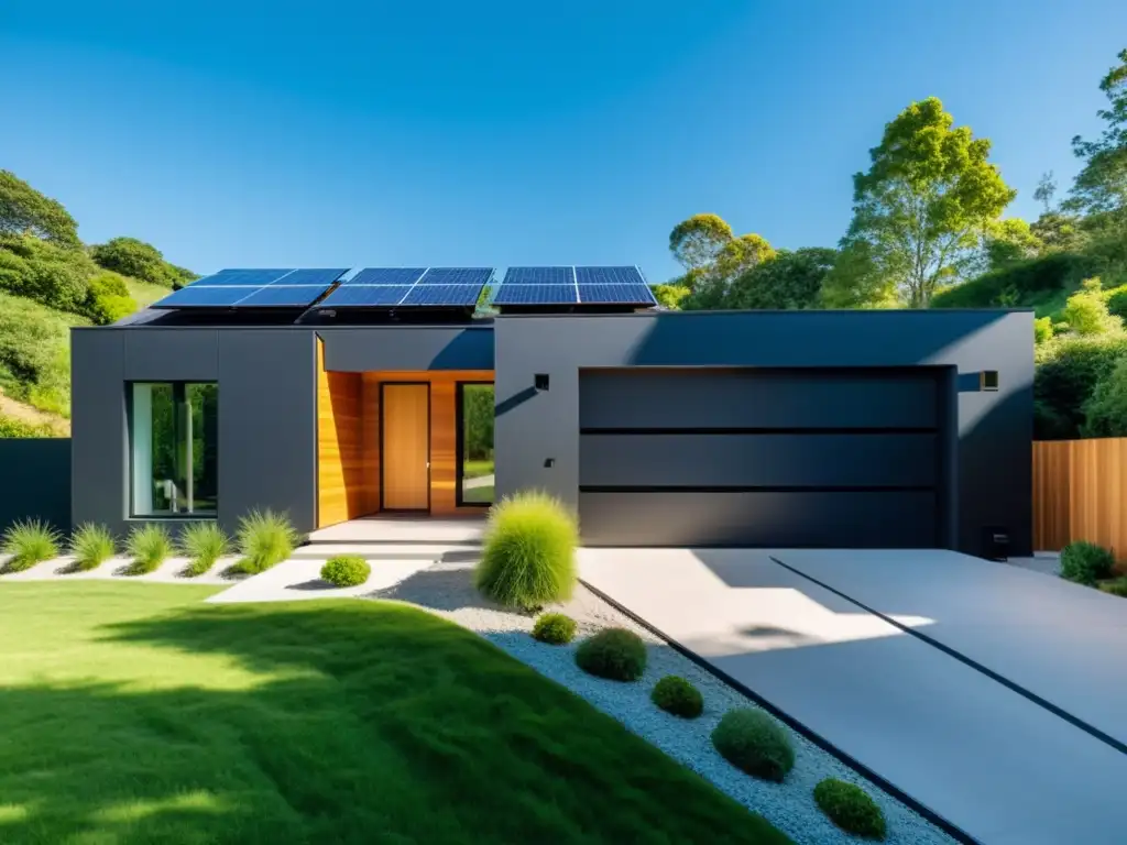Vivienda moderna con paneles solares y batería en garaje Modernidad y sostenibilidad: hogar con paneles solares y almacenamiento de energía para hogar sostenible rodeado de naturaleza y cielos despejados