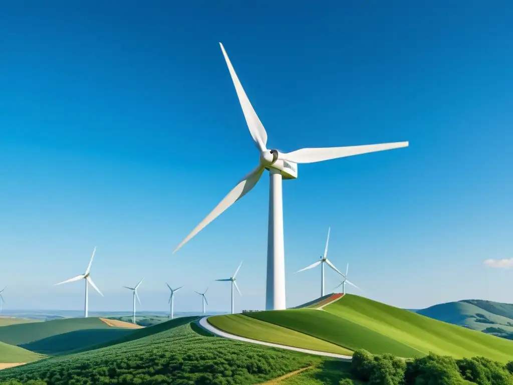 Un moderno aerogenerador blanco destaca contra un cielo azul claro, capturando la energía eólica sostenible en un paisaje sereno de colinas verdes