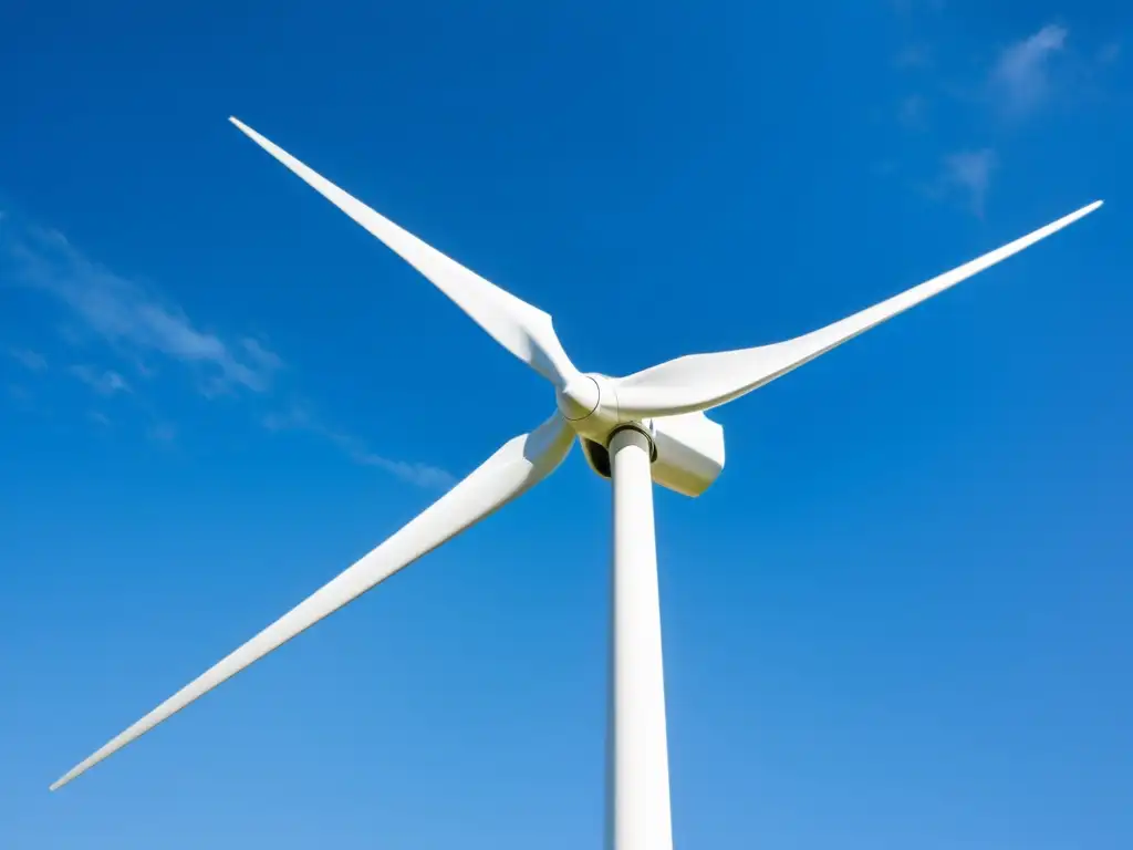 Un moderno aerogenerador blanco en un cielo azul, sobre una casa compacta