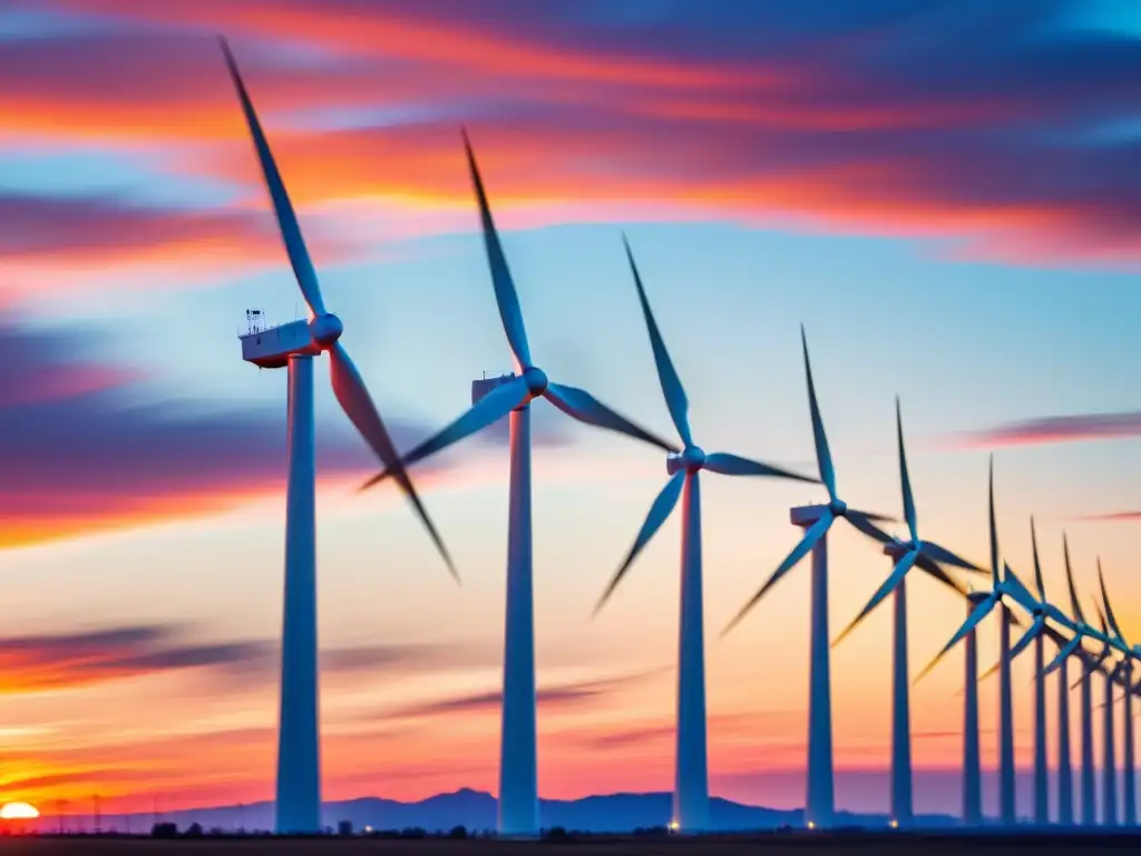 Un moderno aerogenerador capturado en movimiento contra un vibrante atardecer, transmitiendo la armonía y belleza de la energía eólica