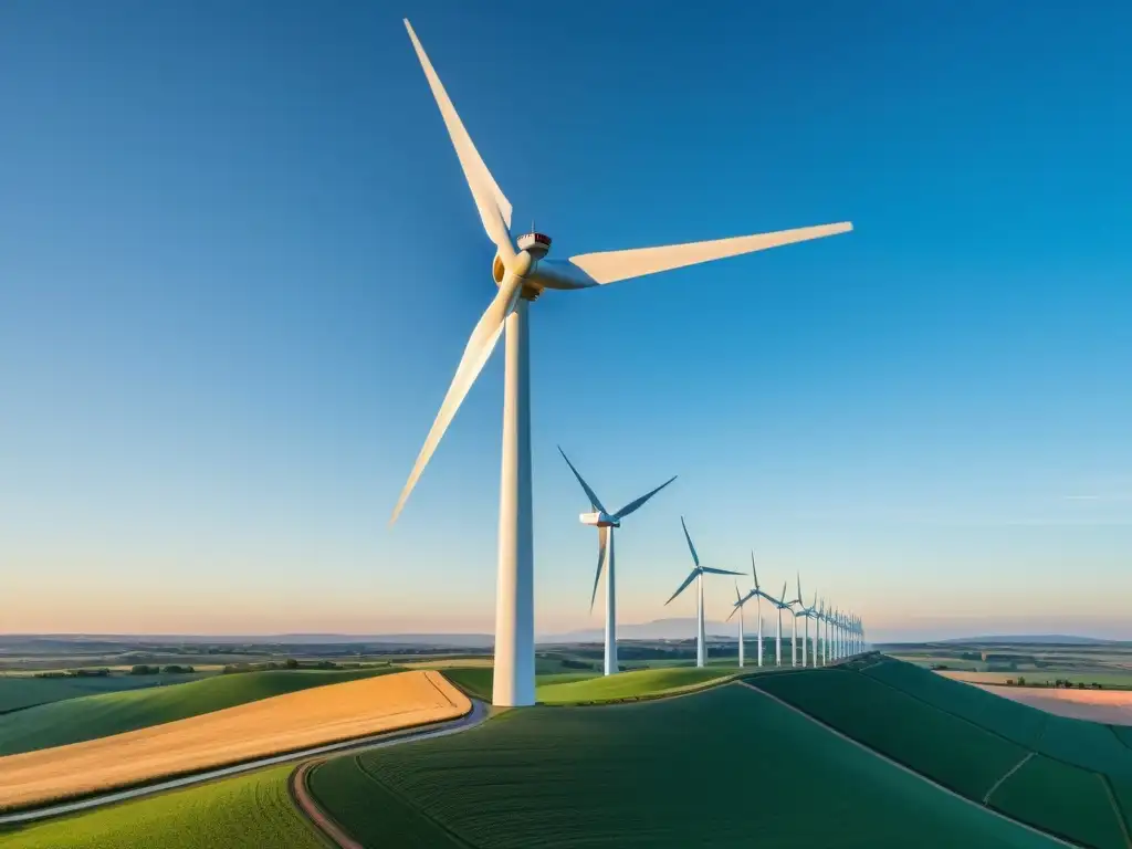 Un moderno aerogenerador destaca en el horizonte, bañado por la cálida luz del atardecer