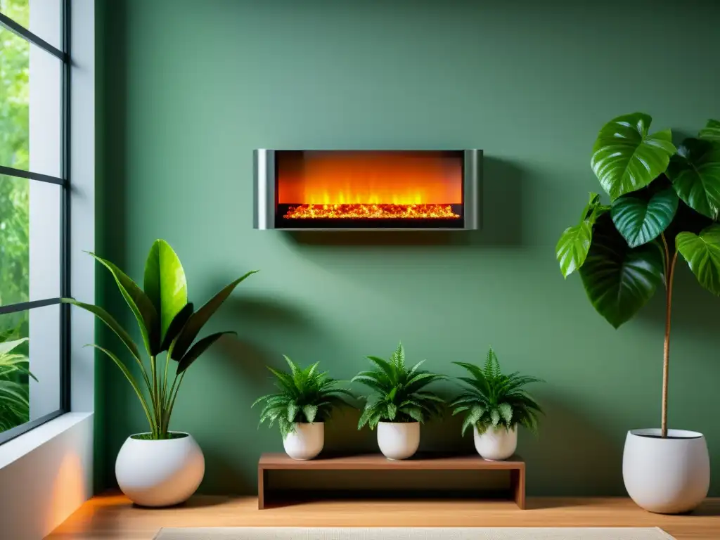 Infrarrojo moderno: cálido y acogedor Un moderno calefactor infrarrojo montado en la pared, rodeado de exuberante vegetación, creando un ambiente acogedor y cálido