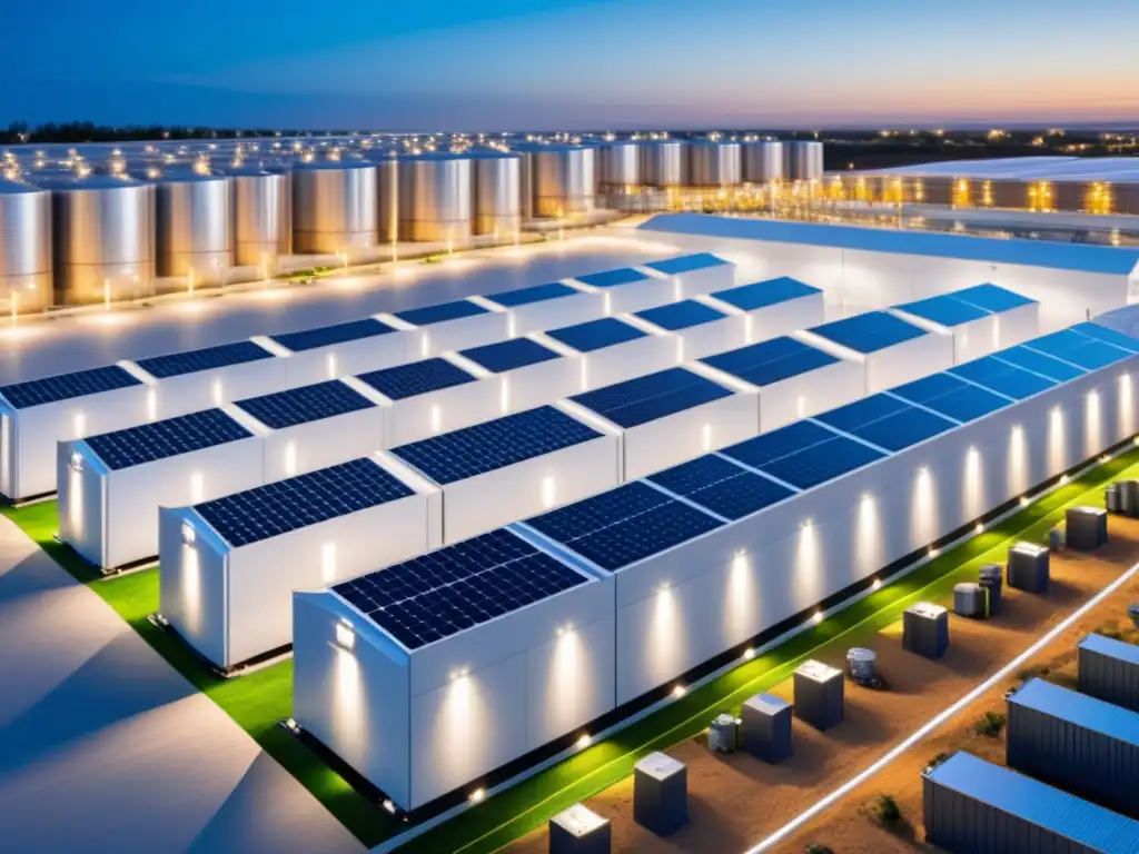 Un moderno centro de almacenamiento de energía en microgrids con baterías apiladas ordenadamente, iluminado por luz natural