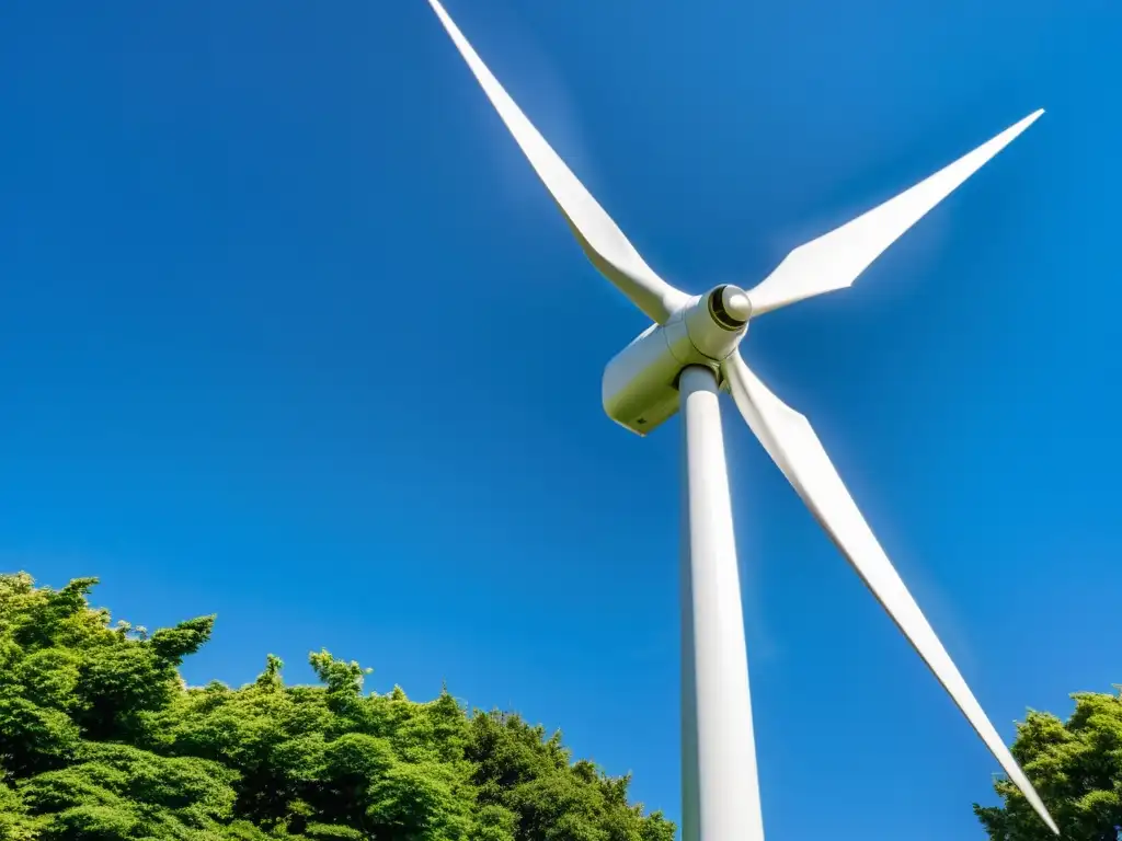 Un moderno y compacto aerogenerador residencial gira elegantemente bajo un cielo azul claro