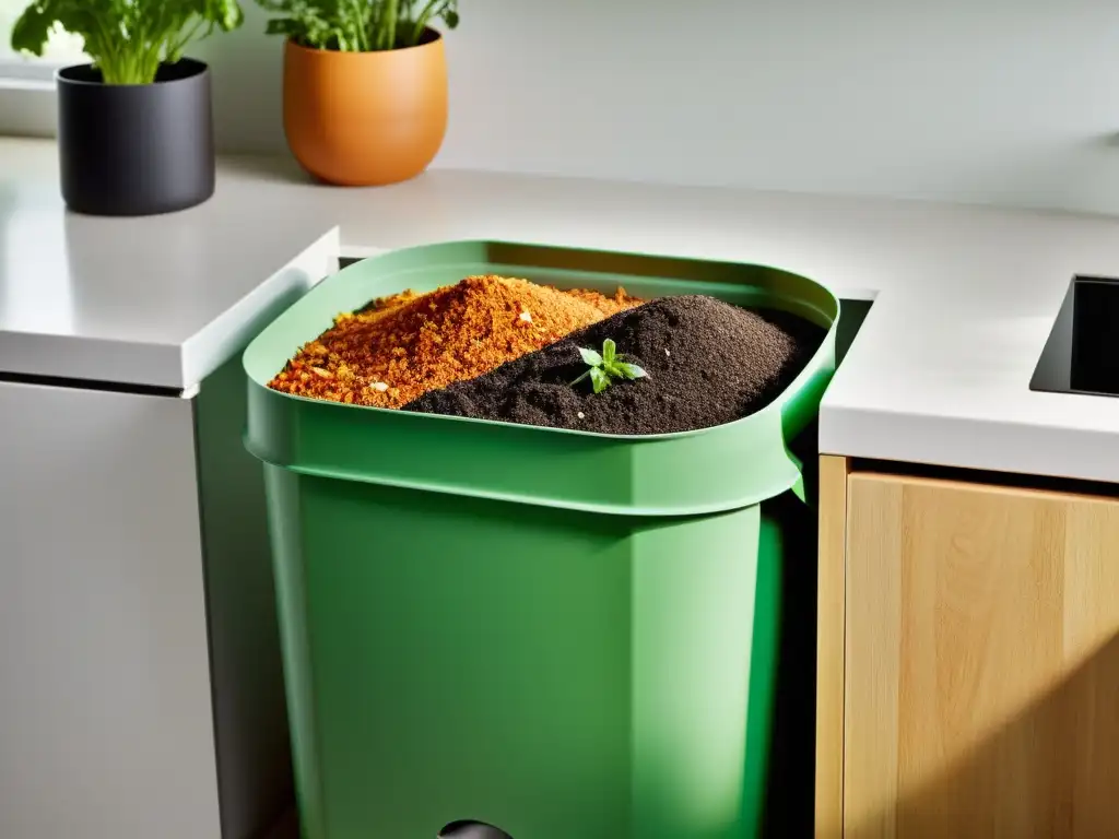 Un moderno contenedor de vermicompostaje en la cocina, con capas de desechos orgánicos, tierra y lombrices