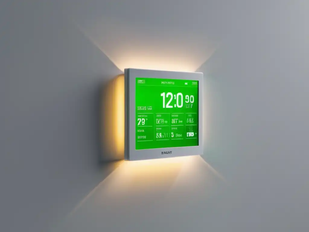 Un moderno dispositivo de monitorización del consumo eléctrico en una pared blanca, con diseño minimalista y datos en tiempo real