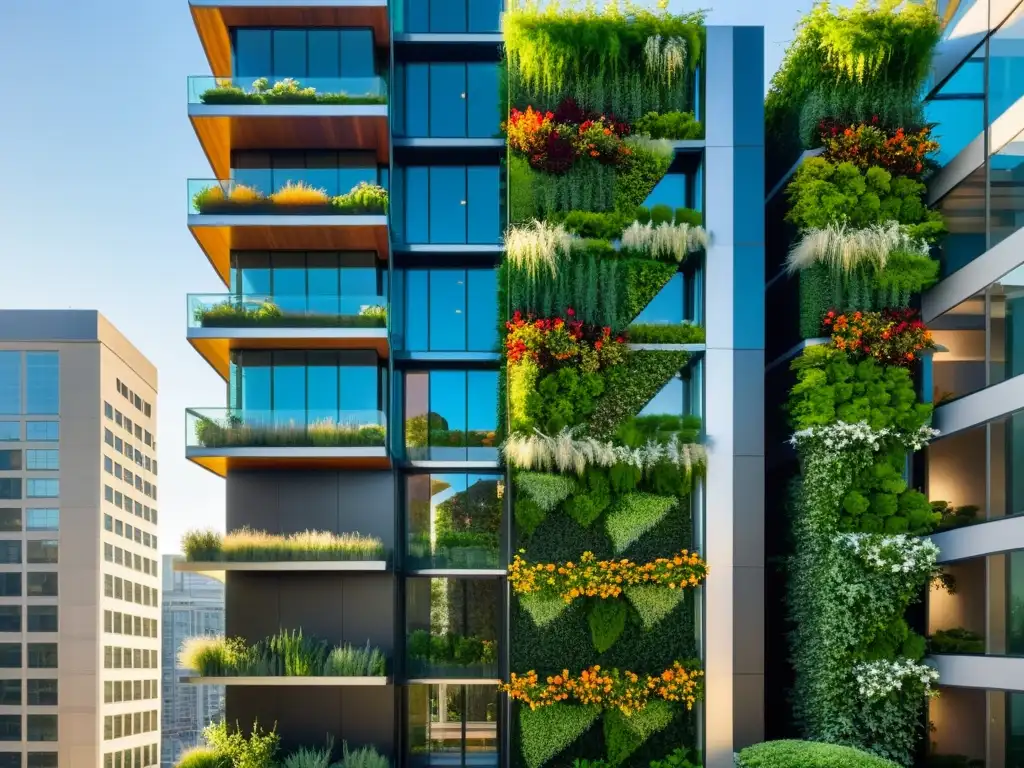 Un moderno edificio con un impresionante jardín vertical, integrando naturaleza y diseño urbano sostenible