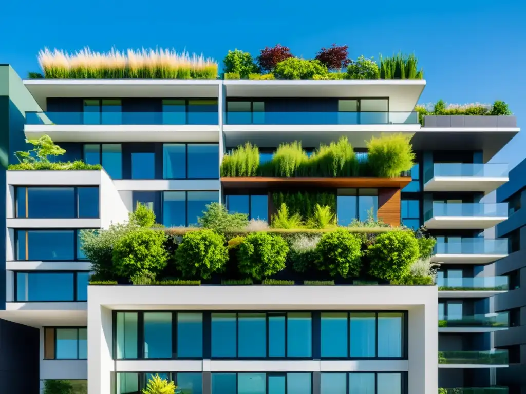 Un moderno edificio residencial con un exuberante jardín en el techo, creando un espacio verde sostenible que aporta beneficios a un hogar sostenible