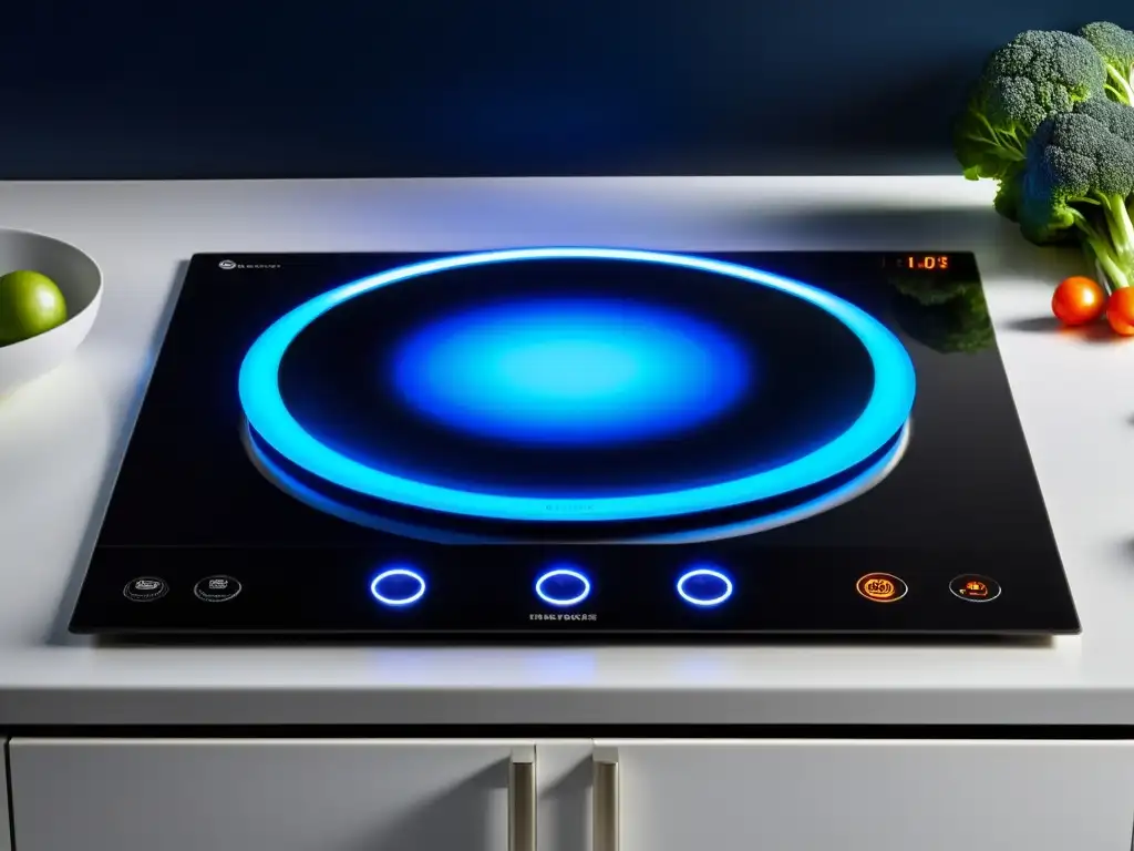 Un moderno y eficiente cooktop de inducción con iluminación LED azul, sobre una elegante encimera blanca