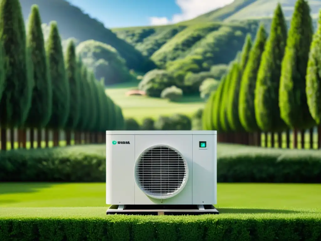 Un moderno y elegante sistema de aire acondicionado alimentado por refrigerantes naturales, integrado perfectamente en un exuberante paisaje verde