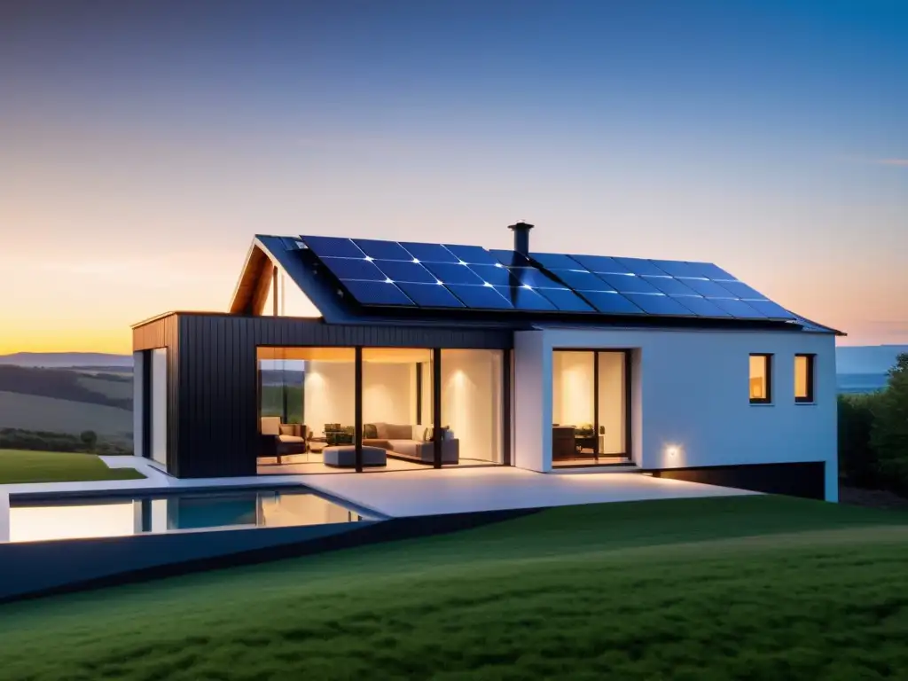 Moderno hogar con paneles solares y sistema de almacenamiento energético integrado, mostrando elegancia y sostenibilidad