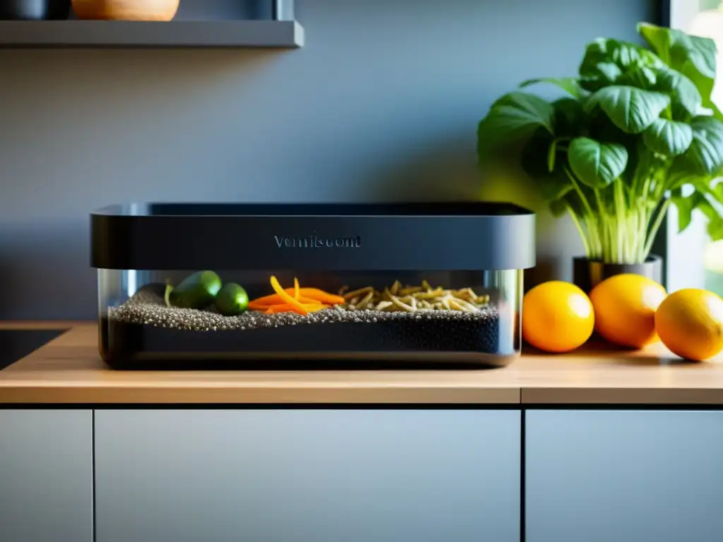 Un moderno hogar sostenible con vermicompostaje en la cocina: un contenedor negro con lombrices y desechos orgánicos en tarros de vidrio