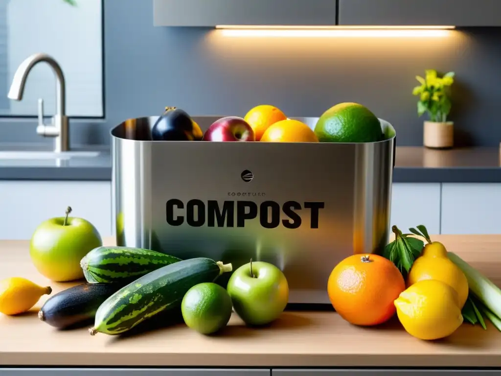 Moderno mostrador con compostera de acero inoxidable junto a frutas y vegetales