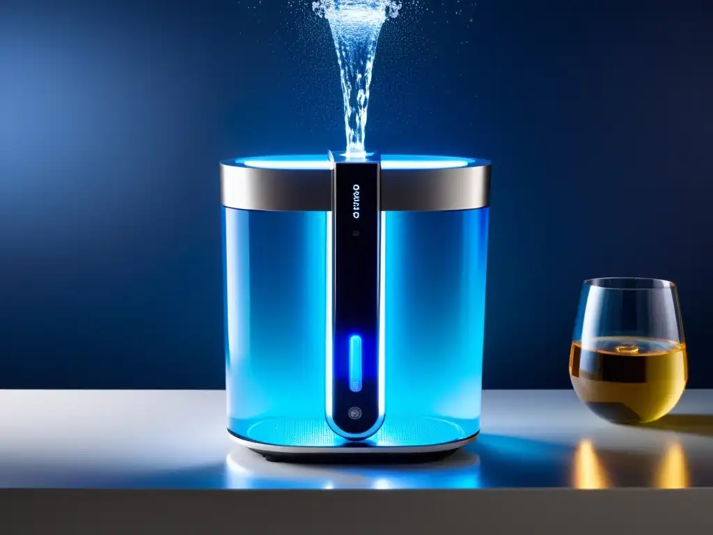 Un moderno purificador de agua con luz UV, emitiendo un suave resplandor, destaca su innovadora tecnología