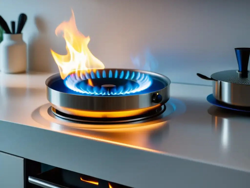 Un moderno quemador de biogás en una elegante cocina blanca, con una llama azul danzante