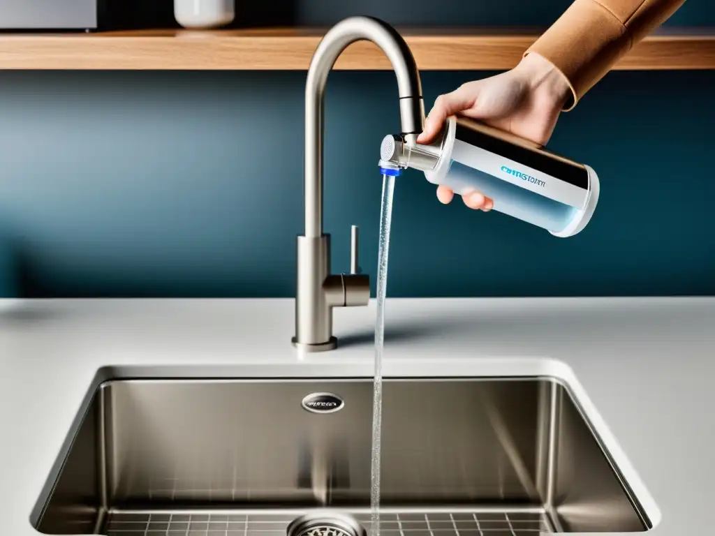 Un moderno sistema de purificación de agua casero con diseño minimalista e innovador integrado bajo el fregadero de una cocina blanca y luminosa