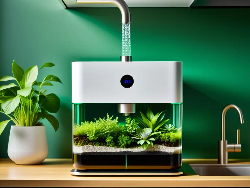 Un moderno sistema de filtración de agua con plantas en una cocina, un equilibrio entre tecnología y naturaleza