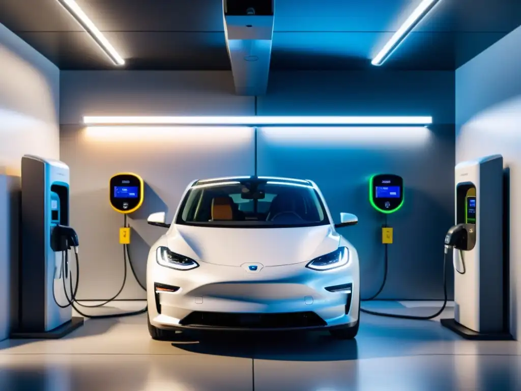 Estación de mantenimiento de vehículos eléctricos: tecnología de vanguardia en un entorno eco-sostenible Un moderno y sostenible centro de mantenimiento de vehículos eléctricos, con estación de carga y herramientas organizadas