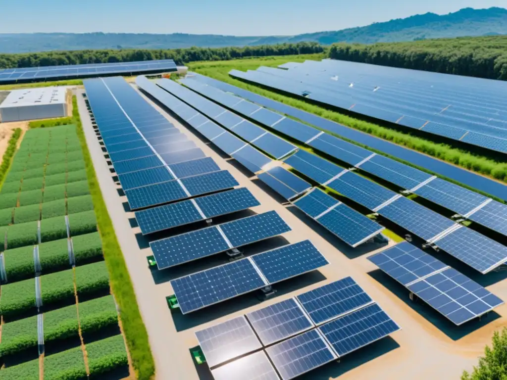 Un moderno y sostenible centro de reciclaje de paneles solares, con maquinaria metálica y trabajadores eficientes en un ambiente natural y luminoso