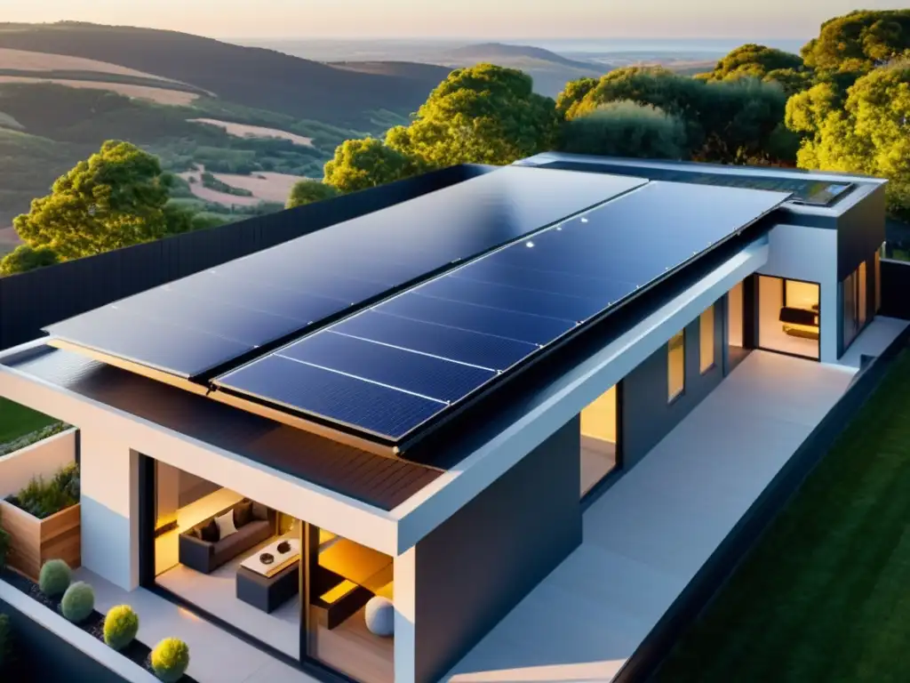 Un moderno tejado residencial con sistemas solares térmicos integrados, reflejando energía sostenible y diseño eficiente