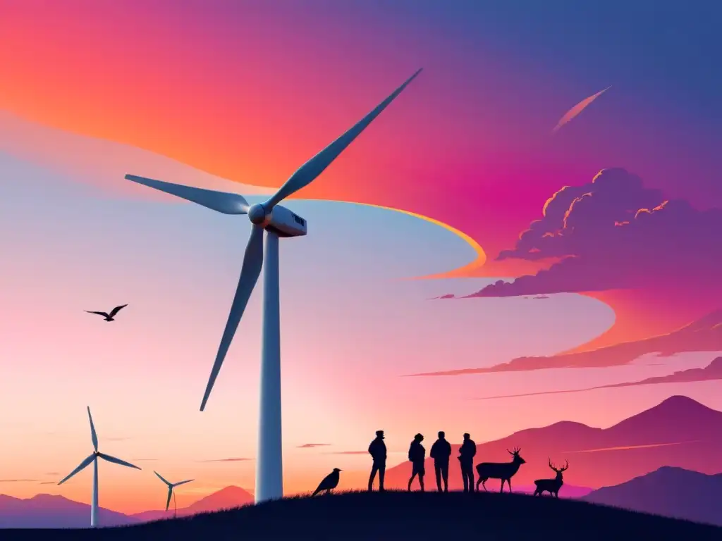 Atardecer vibrante con molino eólico y vida silvestre Un molino eólico en un atardecer vibrante, con vida silvestre diversa