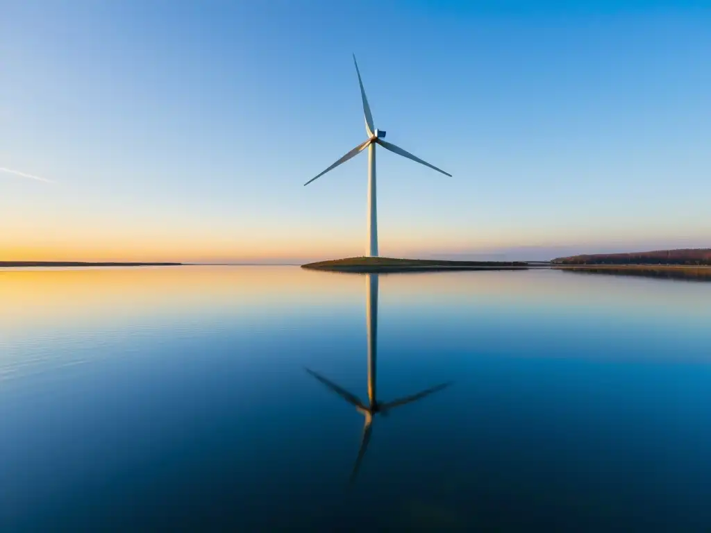 Un molino de viento se refleja en el agua tranquila, con la luz del sol creando un brillo dorado en la superficie