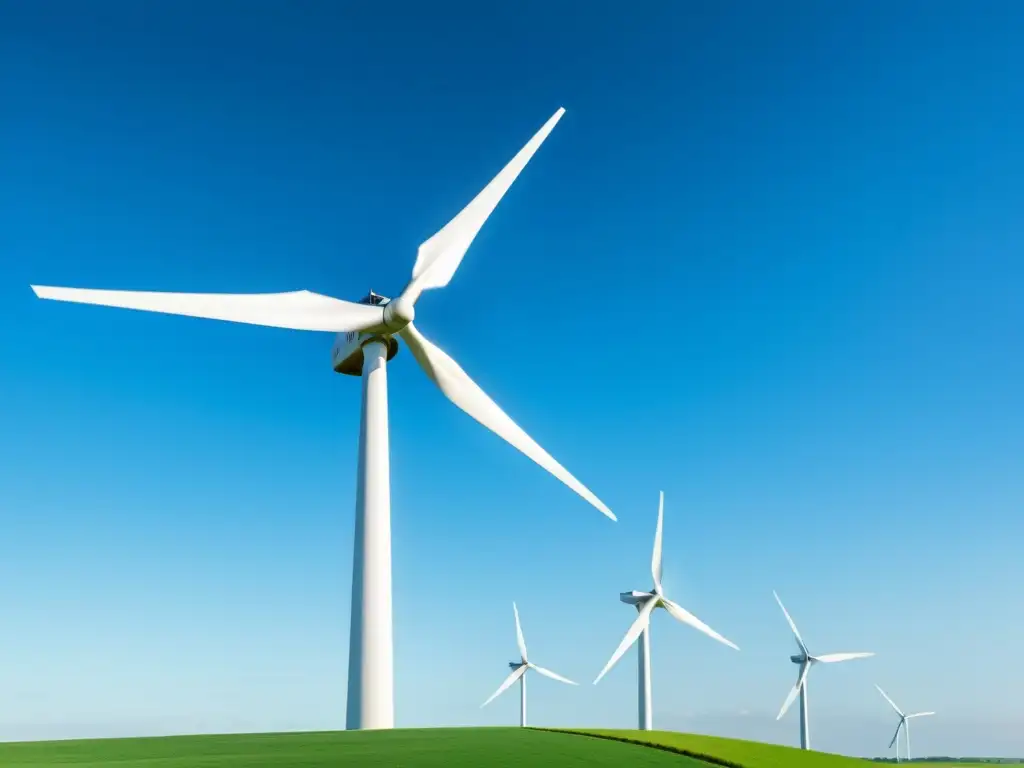 Un molino de viento blanco y moderno destaca en un cielo azul claro, capturando la energía dinámica del viento